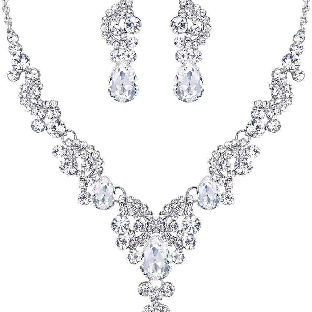Rhinestone Crystal Bridal Floral Wave Teardrop Necklace Earrings Set